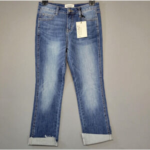 EVIDNT Jeans Womens 25 Blue Florence Straight Leg Raw Hem Distressed Cuffed